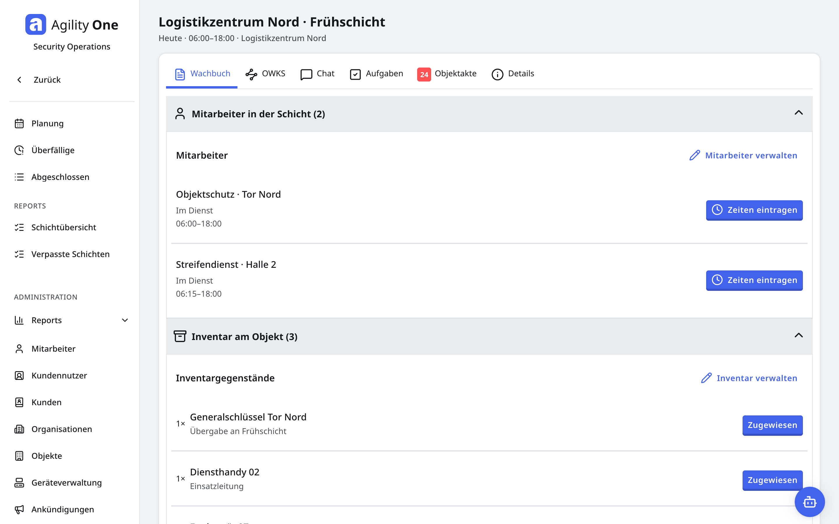 Wachbuch mit zwei besetzten Positionen der Frühschicht und zugeordnetem Inventar im fiktiven Logistikzentrum Nord.