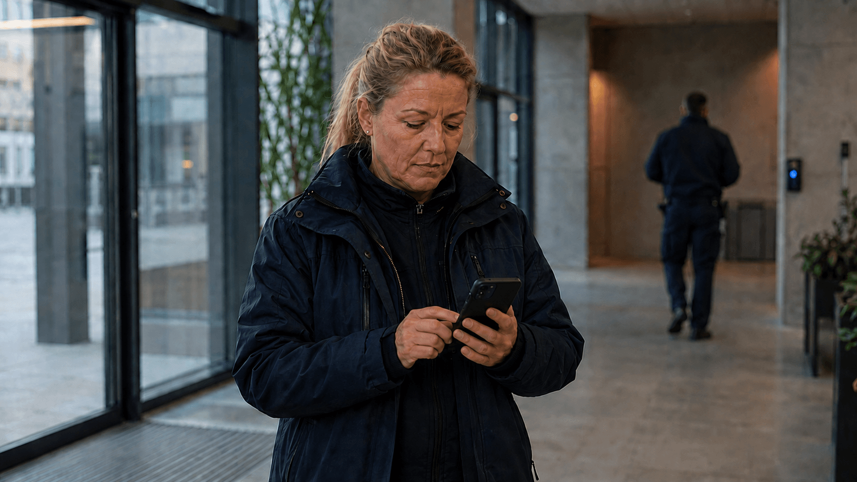 Fiktive Szene: Eine Objektleiterin nutzt ihr Smartphone im Eingangsbereich eines Gewerbeobjekts.