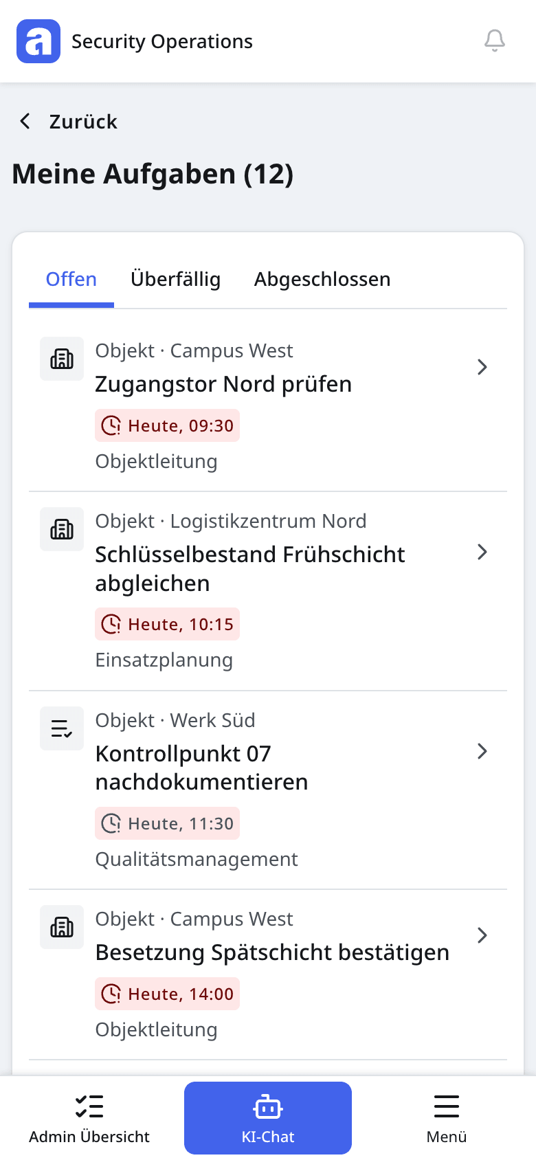 Mobile Aufgabenliste mit offenen Prüfaufträgen für Campus West, Logistikzentrum Nord und Werk Süd.