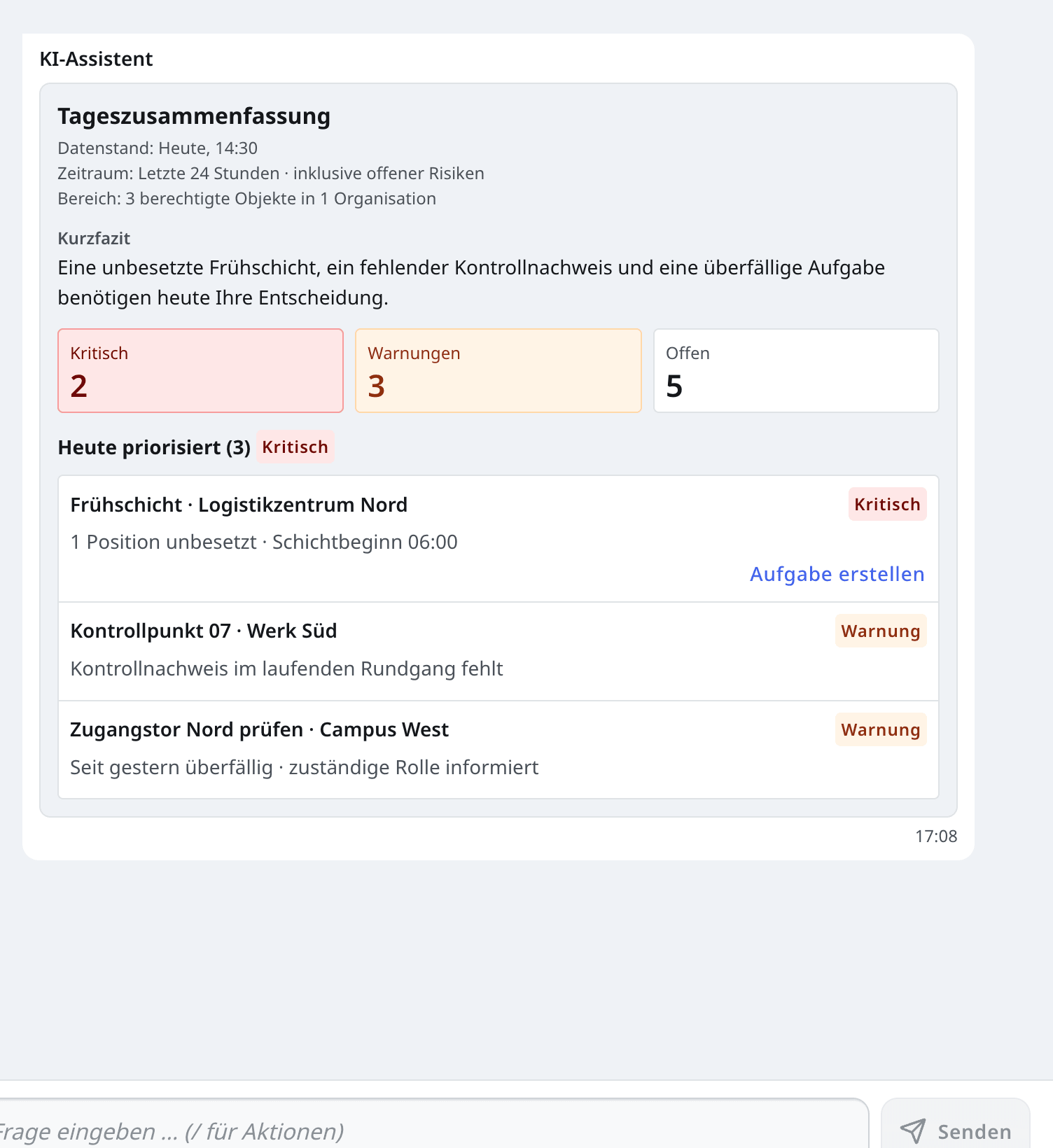 Agent One fasst kritische Schichtprobleme mit Datenstand und Fachlinks zusammen.