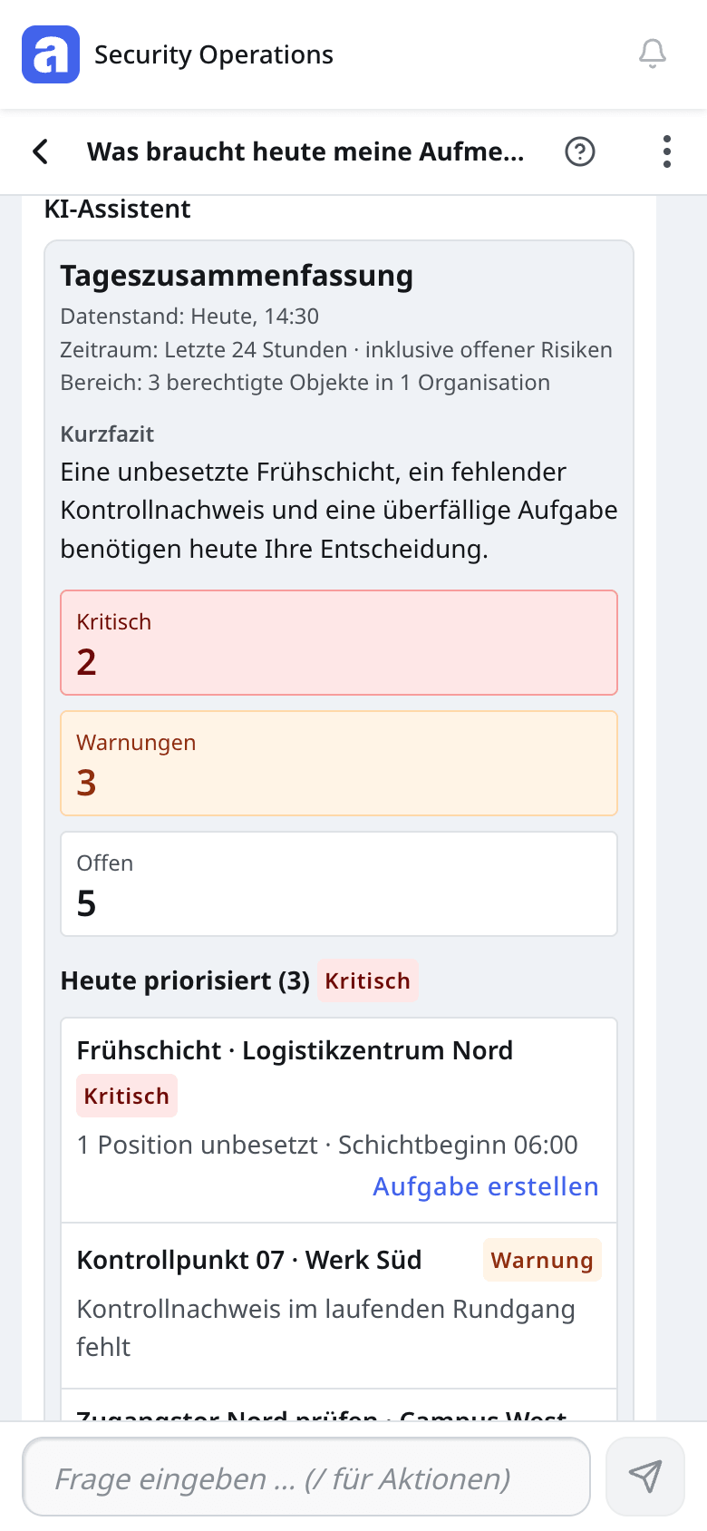 Agent One zeigt auf dem Smartphone eine Tageszusammenfassung mit priorisierten Schichtproblemen.