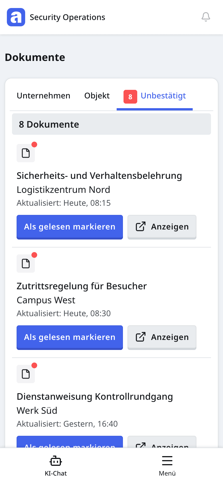 Mobile Dokumentenansicht mit unbestätigten Belehrungen und der Aktion Als gelesen markieren.