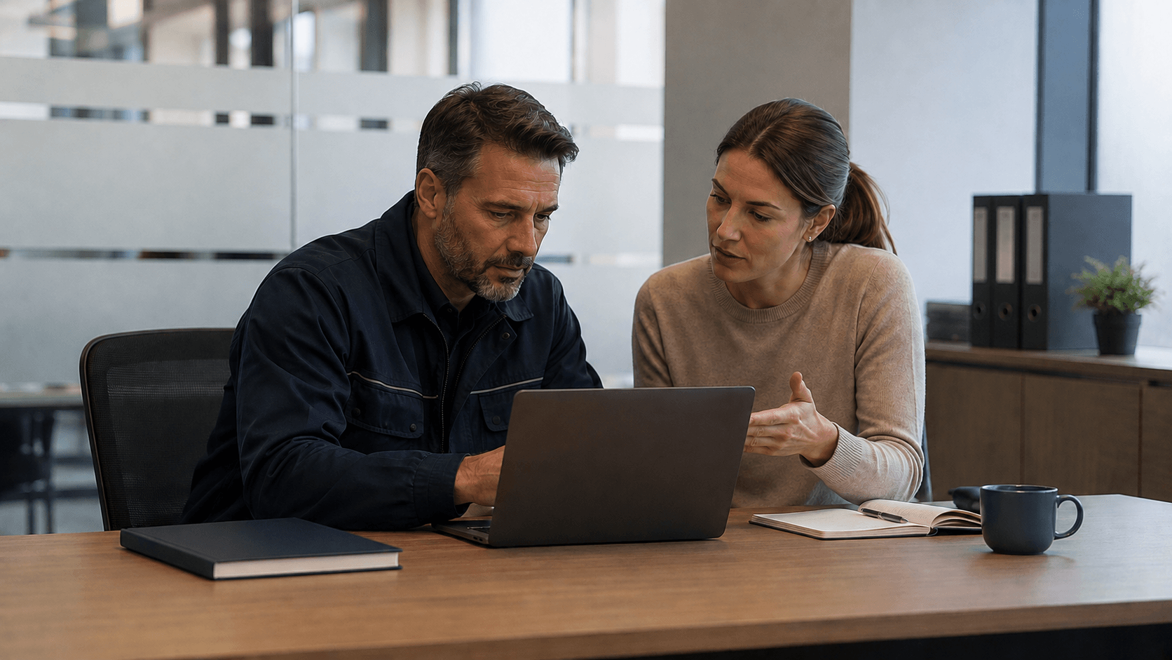 Fiktive Szene: Ein Betriebsverantwortlicher und eine IT-Verantwortliche besprechen Anforderungen an einem Notebook.