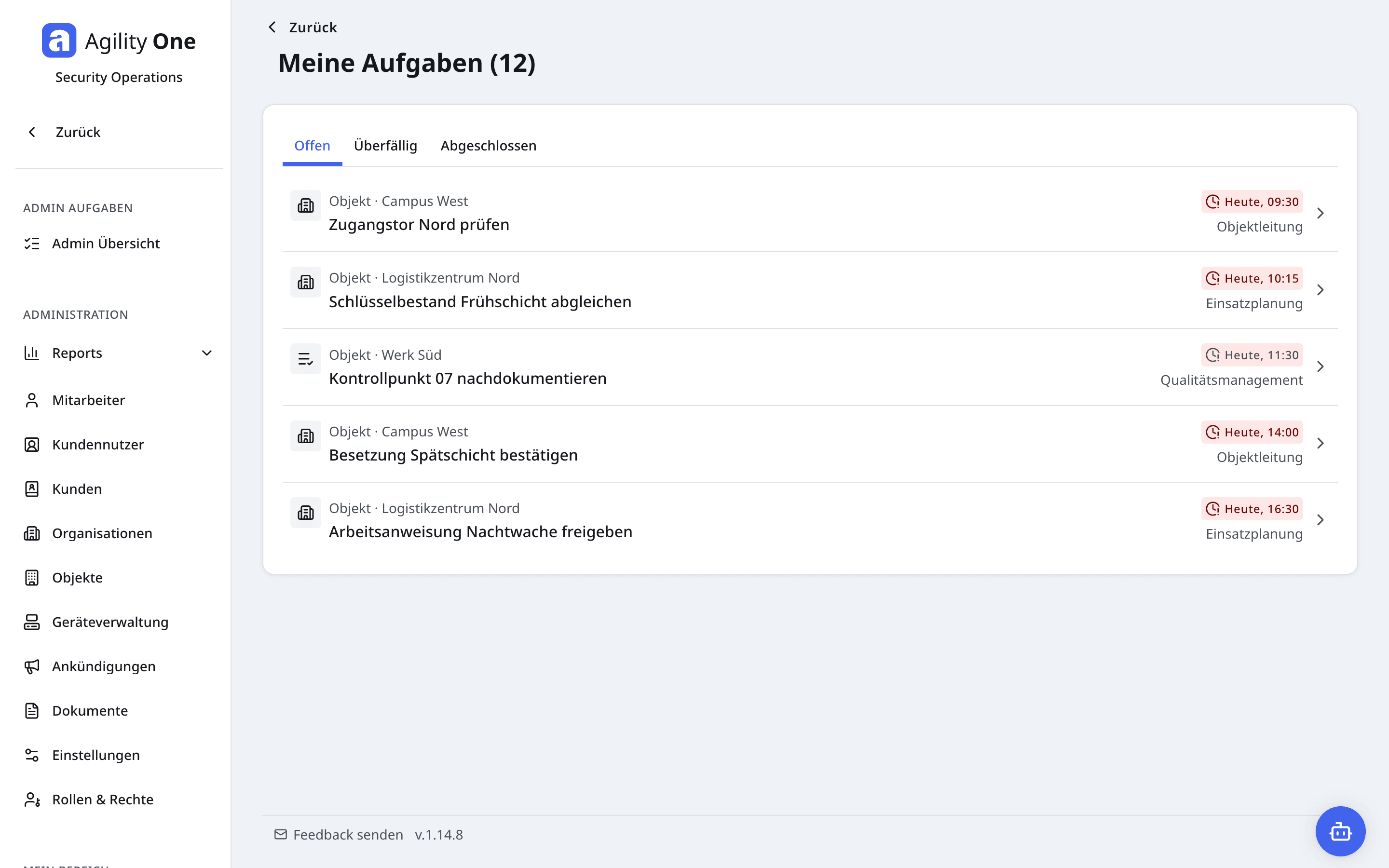 Aufgabenübersicht mit Prüfaufträgen, Bearbeitern, Fälligkeiten und den Ansichten Offen, Überfällig und Abgeschlossen.